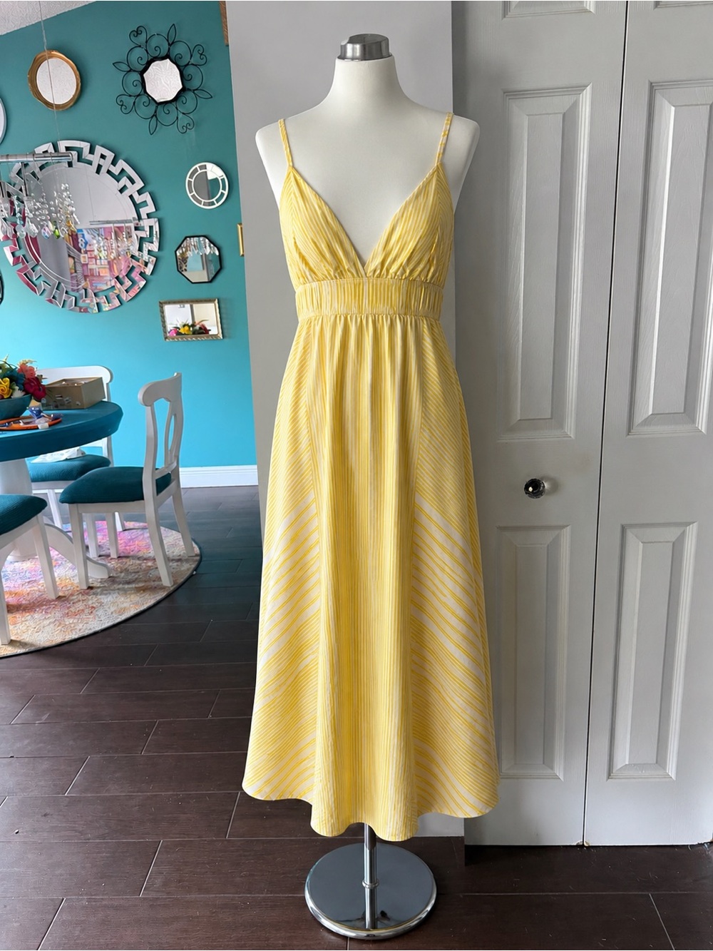 A393 Free Assembly Striped Light Yellow White Maxi Dress SZ S